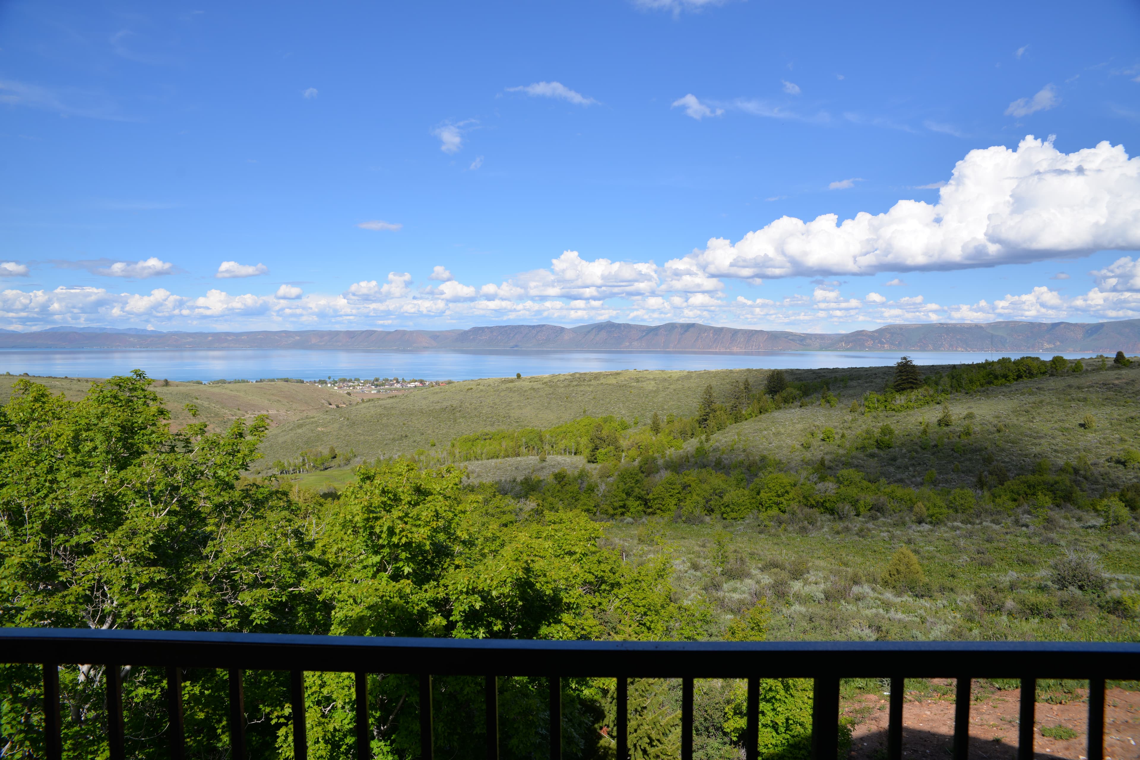 Stunning panoramic view of Bear Lake from the cabin's wrap-around deck
